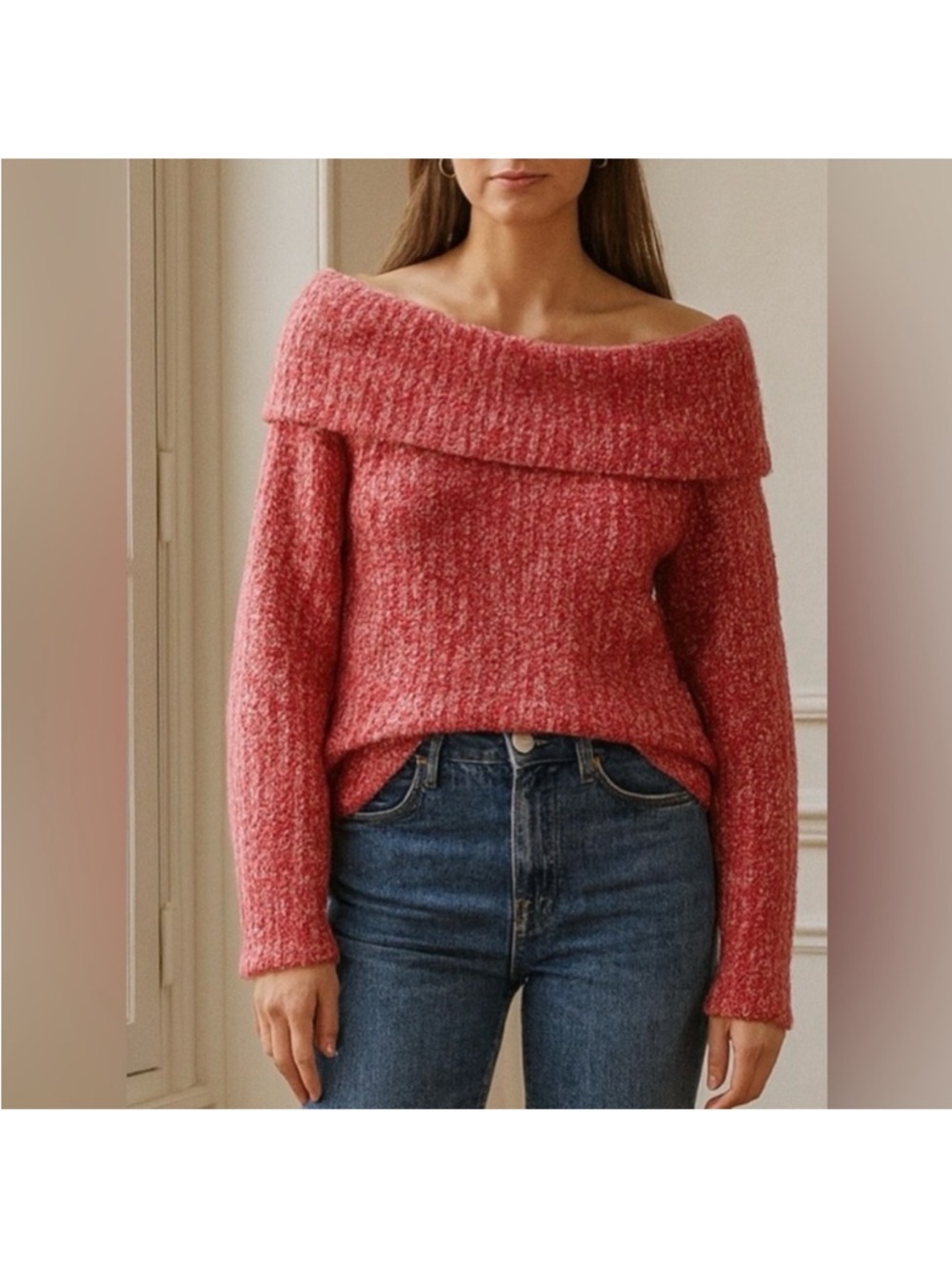 Madewell Off-the-Shoulder Foldover Sweater in Rose